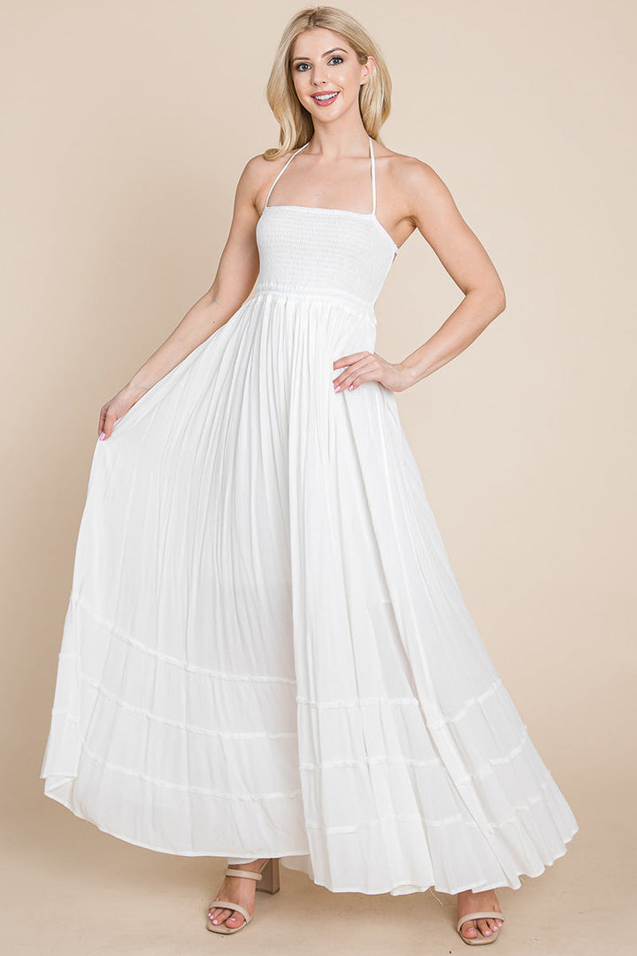 Smocked Flowy Boho Pleated Backless Maxi Dress - Bagzio