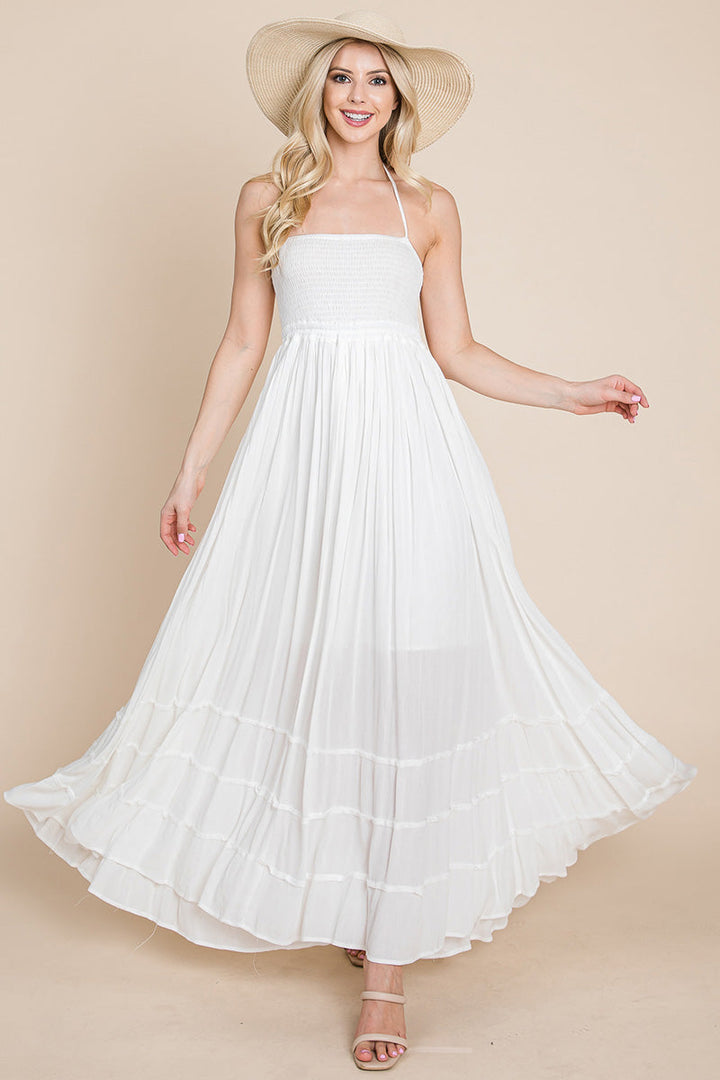 Smocked Flowy Boho Pleated Backless Maxi Dress - Bagzio