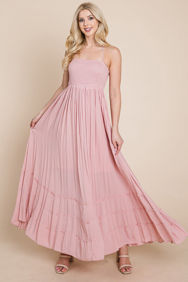 Smocked Flowy Boho Pleated Backless Maxi Dress - Bagzio