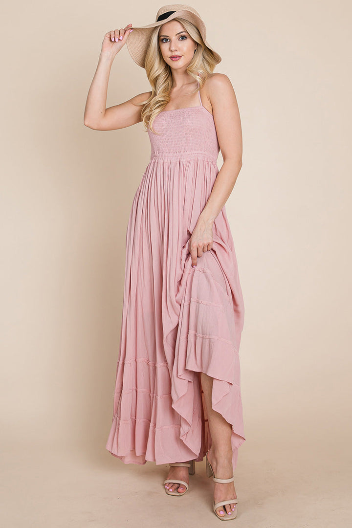 Smocked Flowy Boho Pleated Backless Maxi Dress - Bagzio