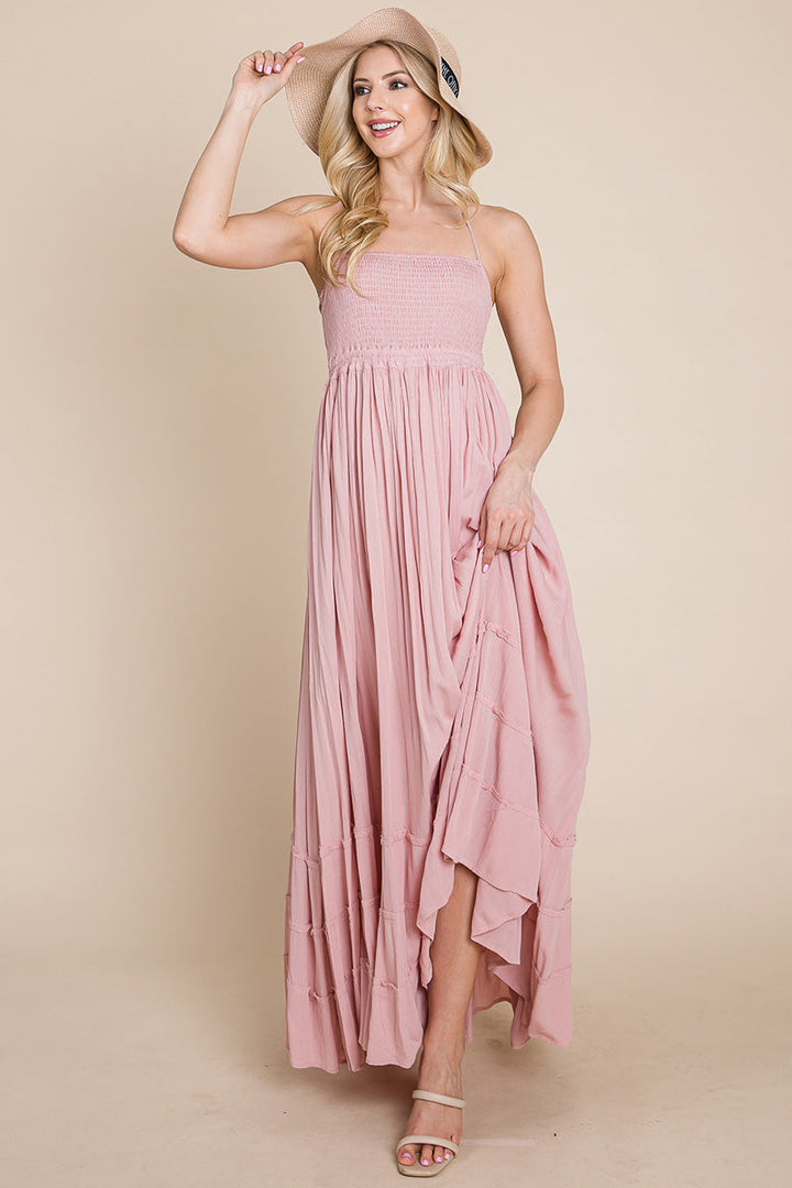 Smocked Flowy Boho Pleated Backless Maxi Dress - Bagzio