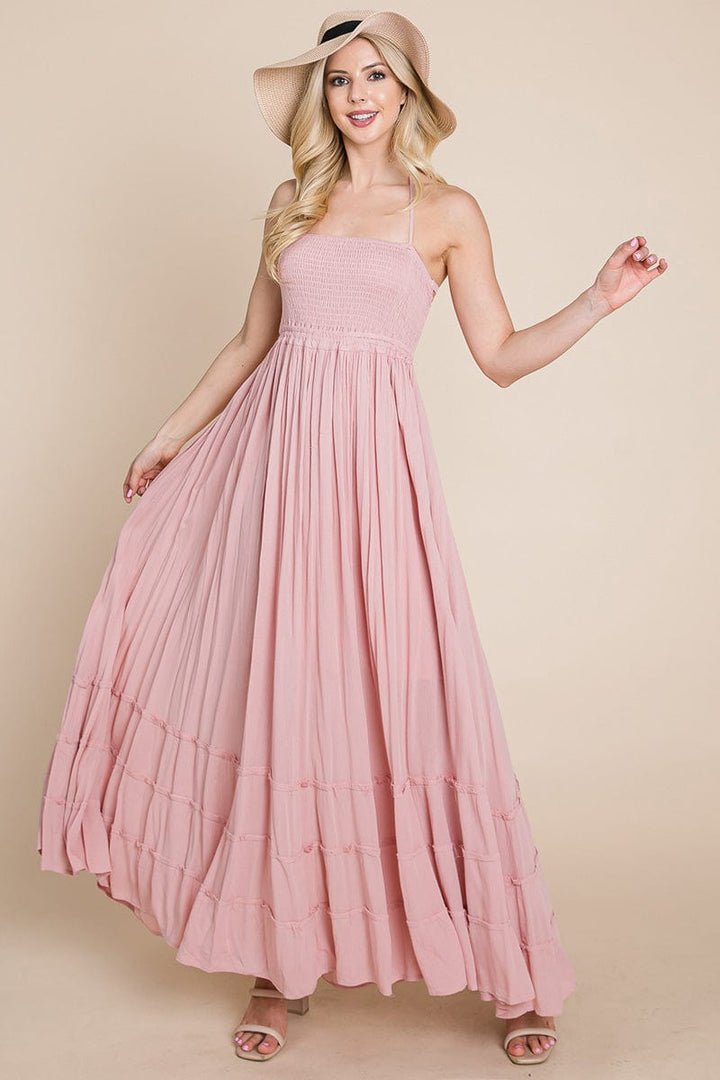 Smocked Flowy Boho Pleated Backless Maxi Dress - Bagzio