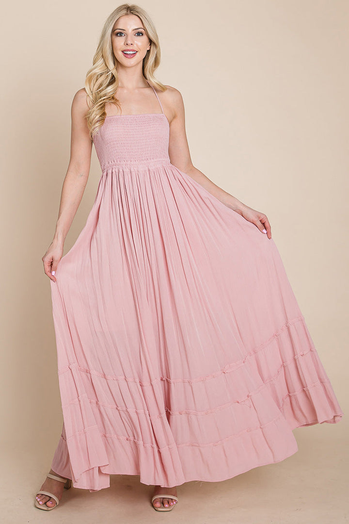 Smocked Flowy Boho Pleated Backless Maxi Dress - Bagzio