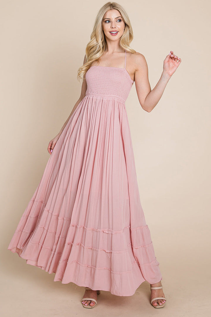 Smocked Flowy Boho Pleated Backless Maxi Dress - Bagzio