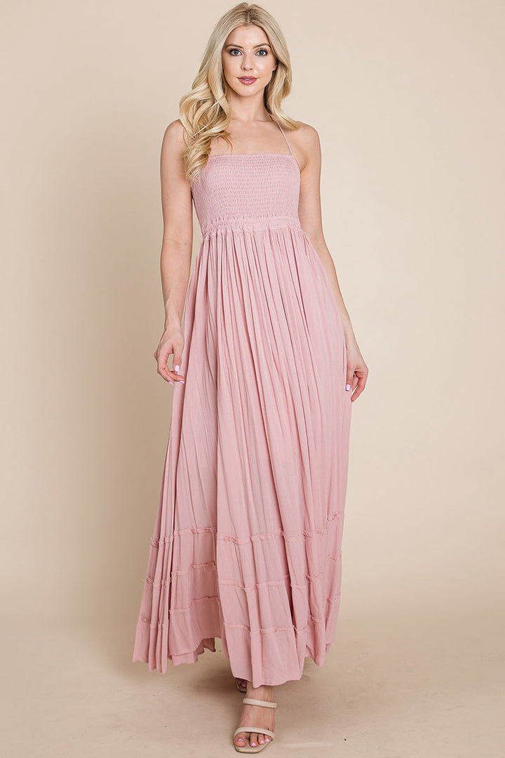 Smocked Flowy Boho Pleated Backless Maxi Dress - Bagzio