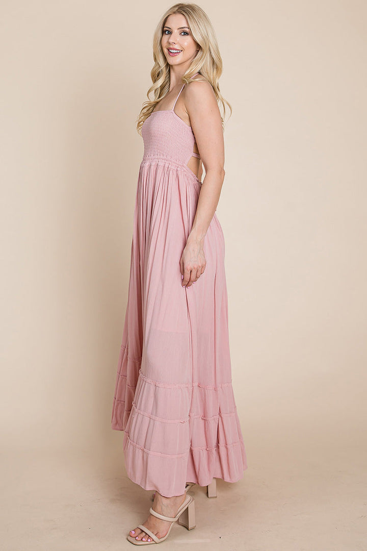 Smocked Flowy Boho Pleated Backless Maxi Dress - Bagzio