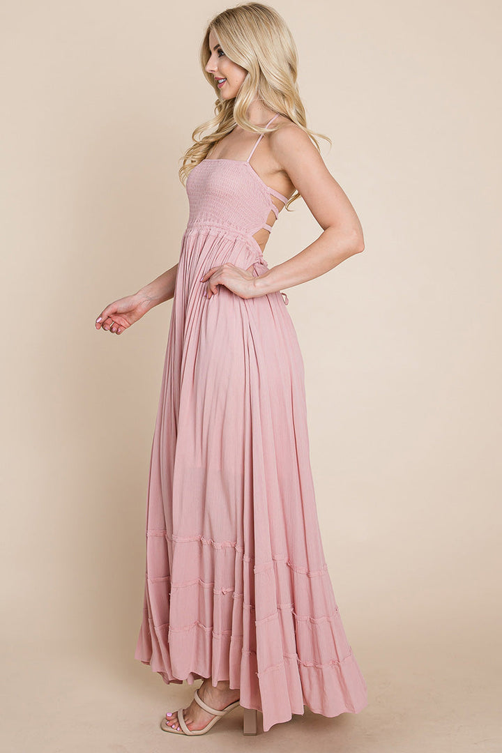 Smocked Flowy Boho Pleated Backless Maxi Dress - Bagzio