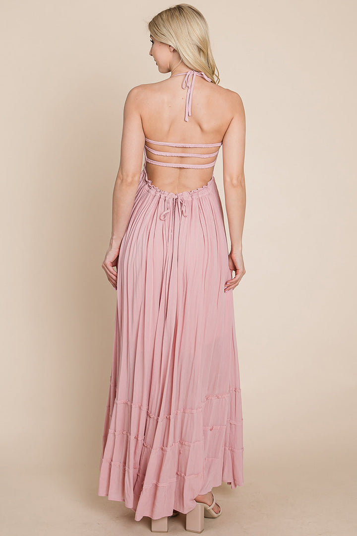 Smocked Flowy Boho Pleated Backless Maxi Dress - Bagzio