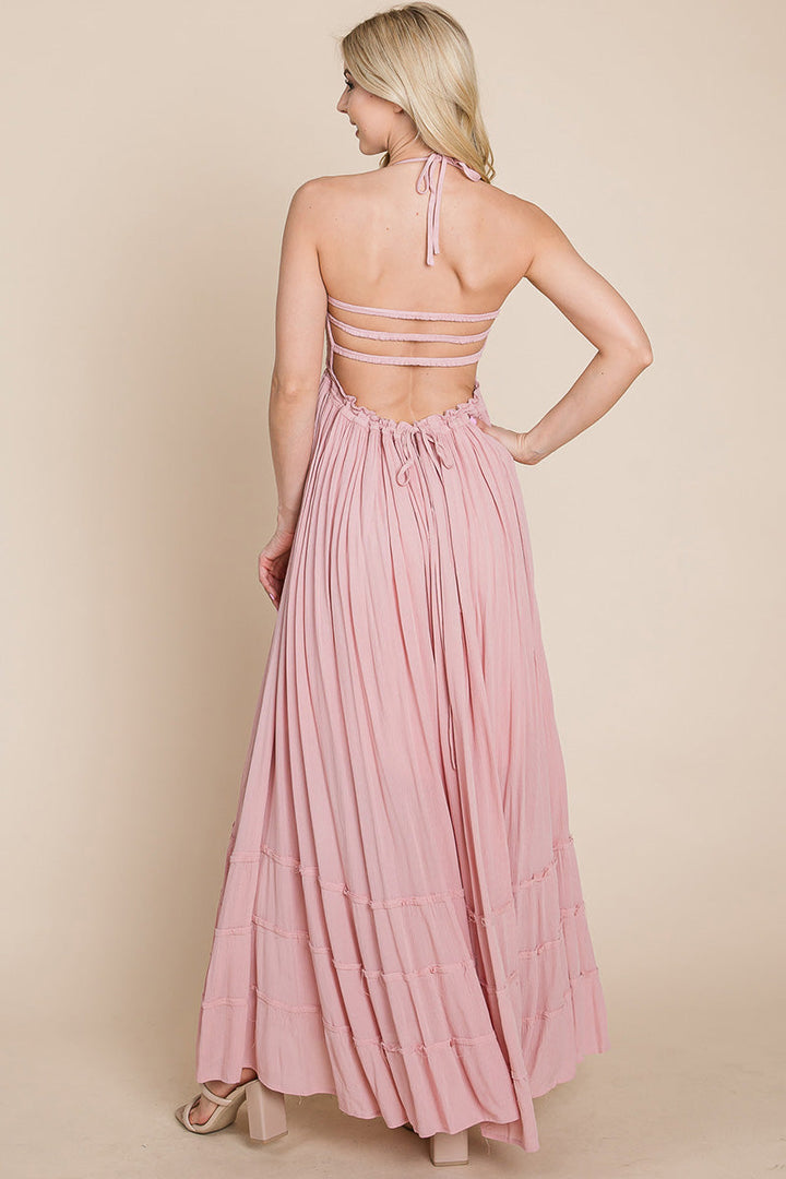 Smocked Flowy Boho Pleated Backless Maxi Dress - Bagzio