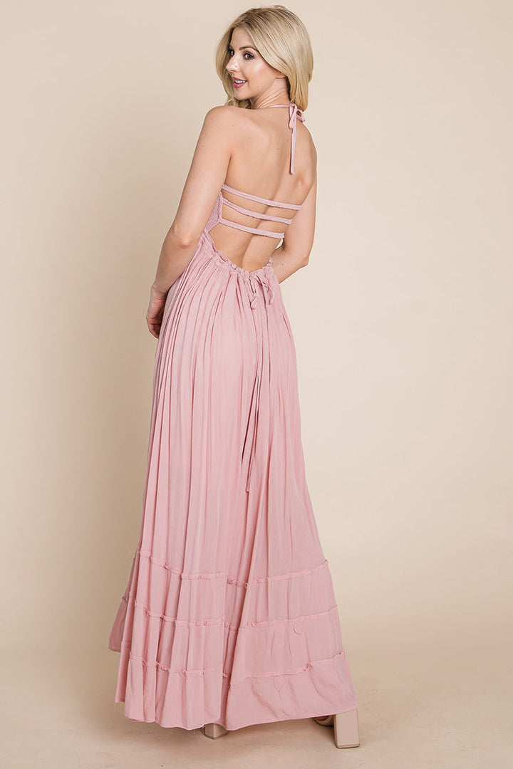 Smocked Flowy Boho Pleated Backless Maxi Dress - Bagzio