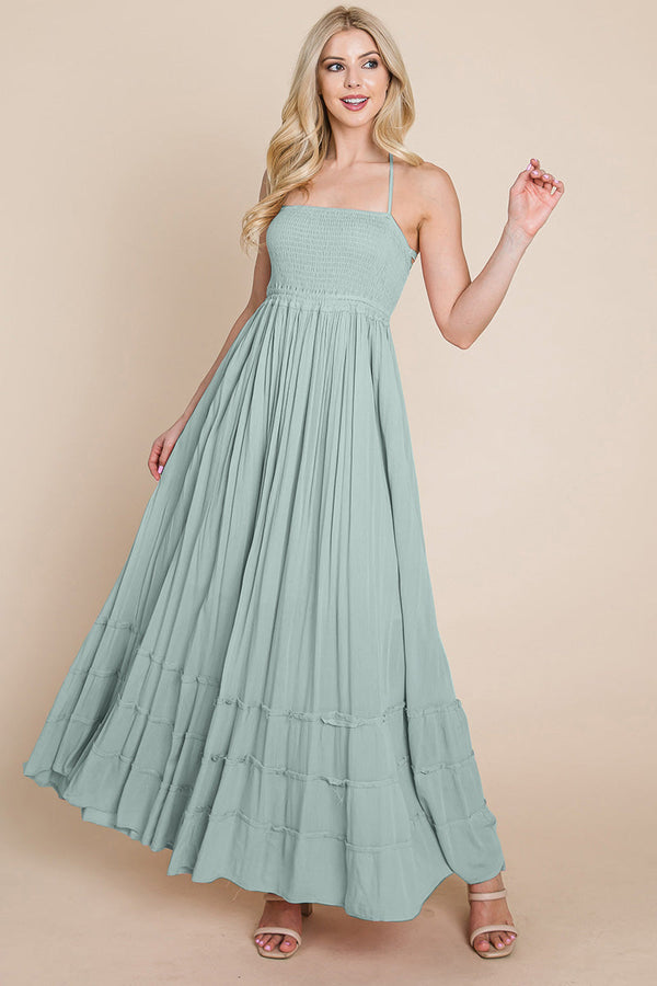 Smocked Flowy Boho Pleated Backless Maxi Dress - Bagzio