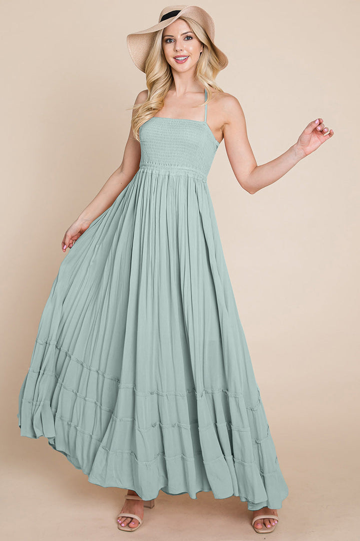 Smocked Flowy Boho Pleated Backless Maxi Dress - Bagzio