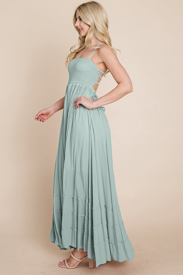 Smocked Flowy Boho Pleated Backless Maxi Dress - Bagzio