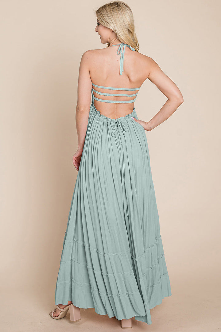 Smocked Flowy Boho Pleated Backless Maxi Dress - Bagzio