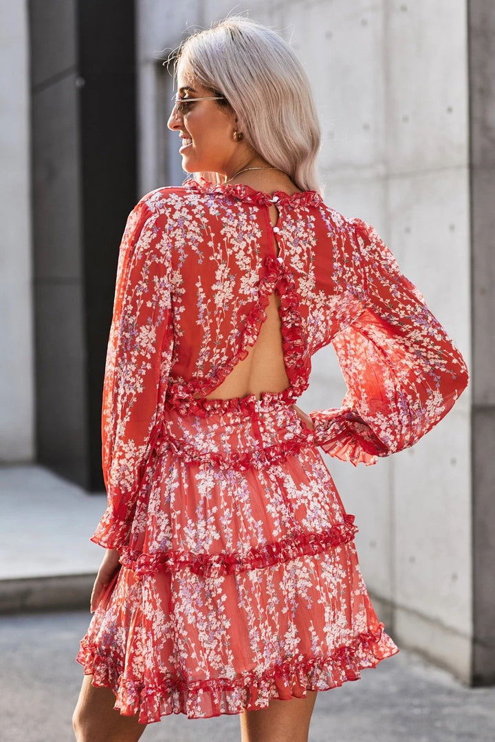 Red Ruffle Detailing Long Sleeve Open Back Floral Dress - Bagzio