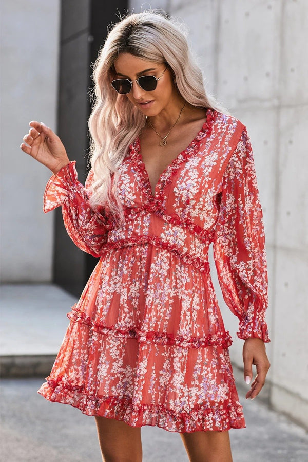 Red Ruffle Detailing Long Sleeve Open Back Floral Dress - Bagzio
