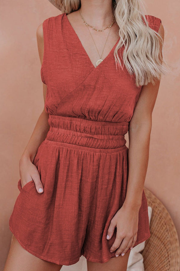 Red Smocked Pocketed Sleeveless V Neck Romper - Bagzio