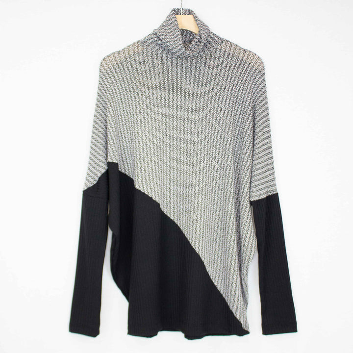 Turtle Neck Diagonal Color Block Top - Bagzio
