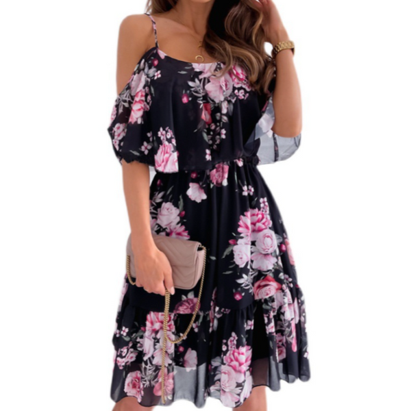 Women Cold Shoulder Ruffle Chiffon Beach Dress - Bagzio