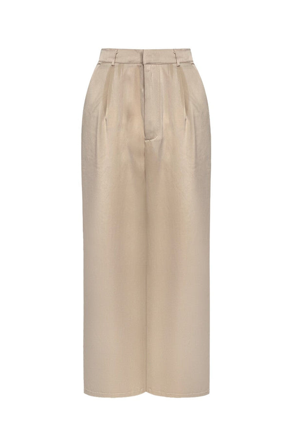 "CALL THE SHOTS" Beige High-Waisted Wide-Leg Trouser Pants