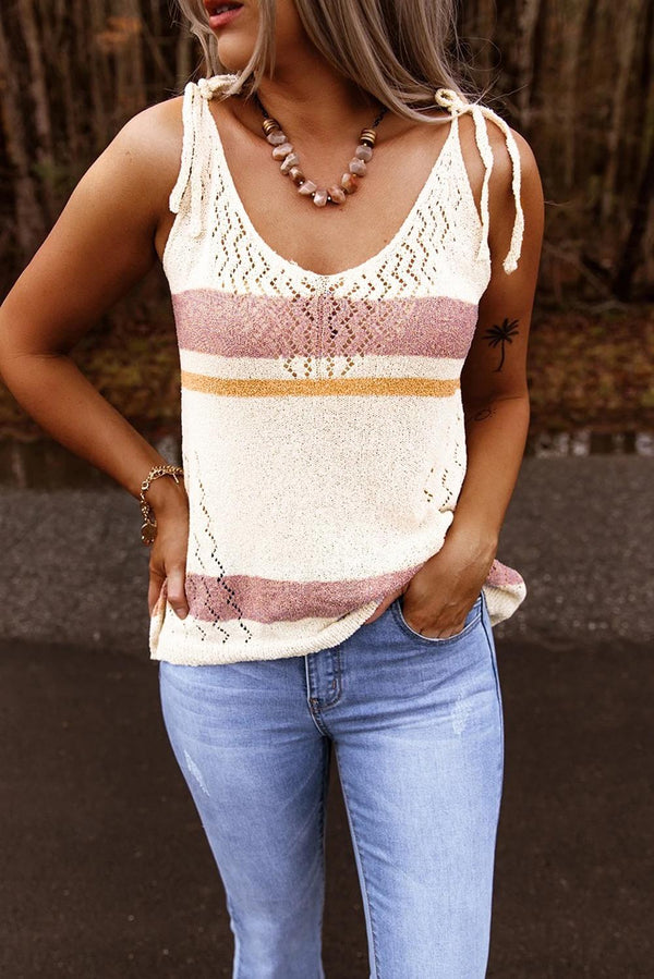 Summer White Striped Colorblock Textured Knit Tank Top - Bagzio