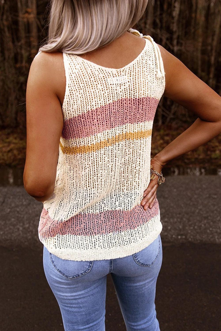 Summer White Striped Colorblock Textured Knit Tank Top - Bagzio