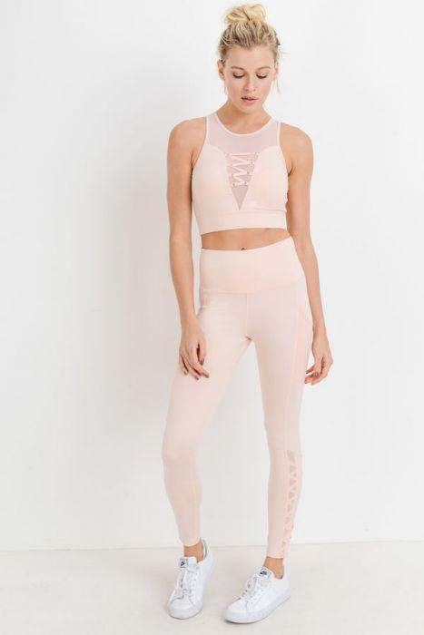 Highwaist Hybrid Mesh & Lattice Straps Full Pocket Leggings - Bagzio