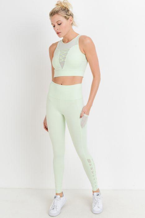 Highwaist Hybrid Mesh & Lattice Straps Full Pocket Leggings - Bagzio
