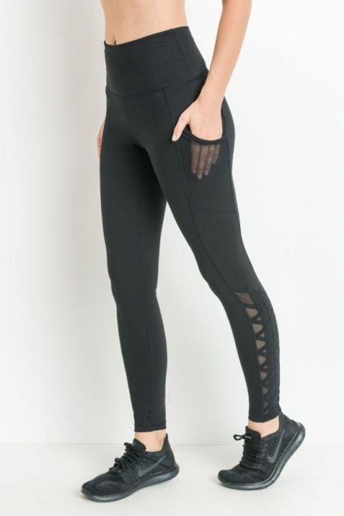 Highwaist Hybrid Mesh & Lattice Straps Full Pocket Leggings - Bagzio