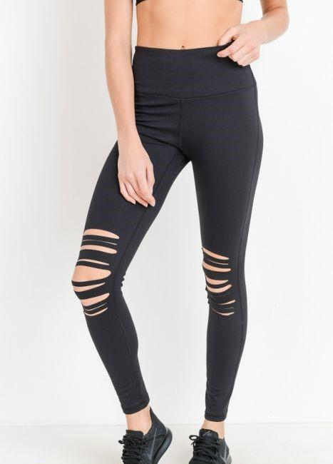 High Waist Laser Cut Ripped Knee Leggings - Bagzio