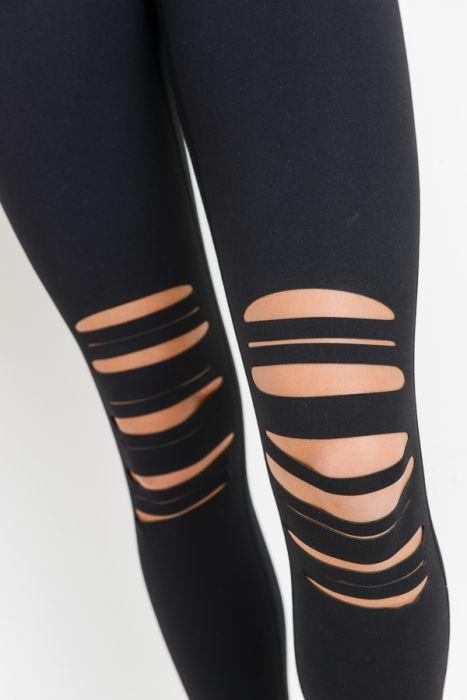High Waist Laser Cut Ripped Knee Leggings - Bagzio