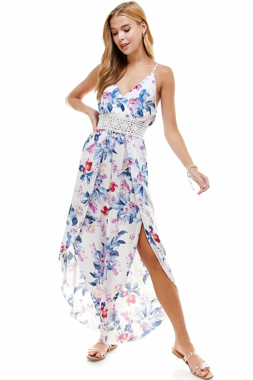 FLORAL & SOLID CROCHET TULIP LEG CAMI JUMPSUIT - Bagzio