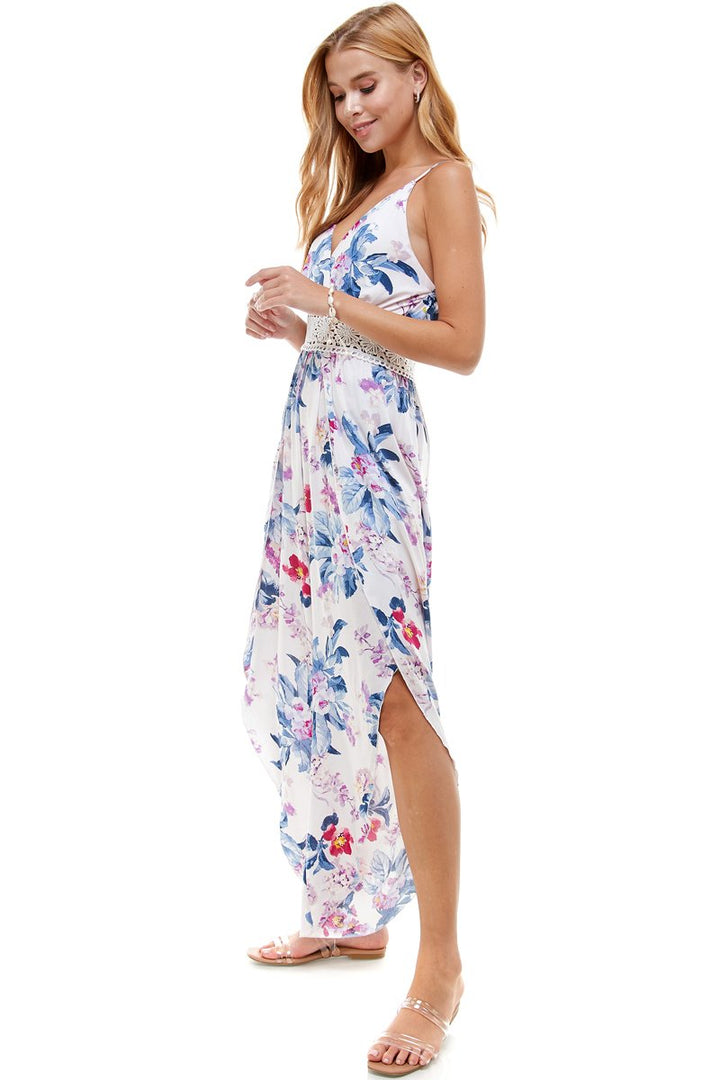 FLORAL & SOLID CROCHET TULIP LEG CAMI JUMPSUIT - Bagzio