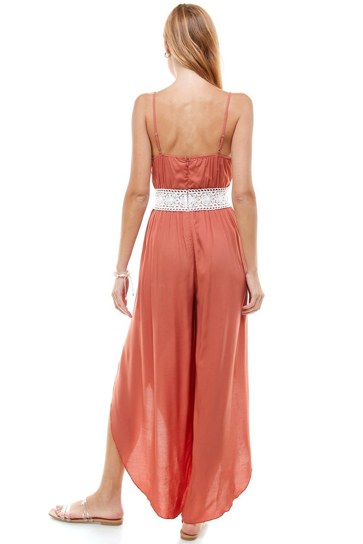 FLORAL & SOLID CROCHET TULIP LEG CAMI JUMPSUIT - Bagzio