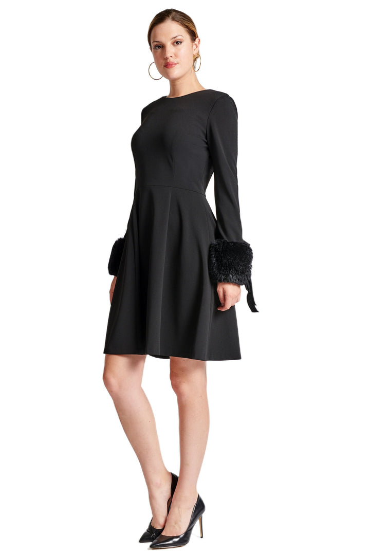 Caroline Dress - Crepe fit & flare dress with faux fur cuffs - Bagzio