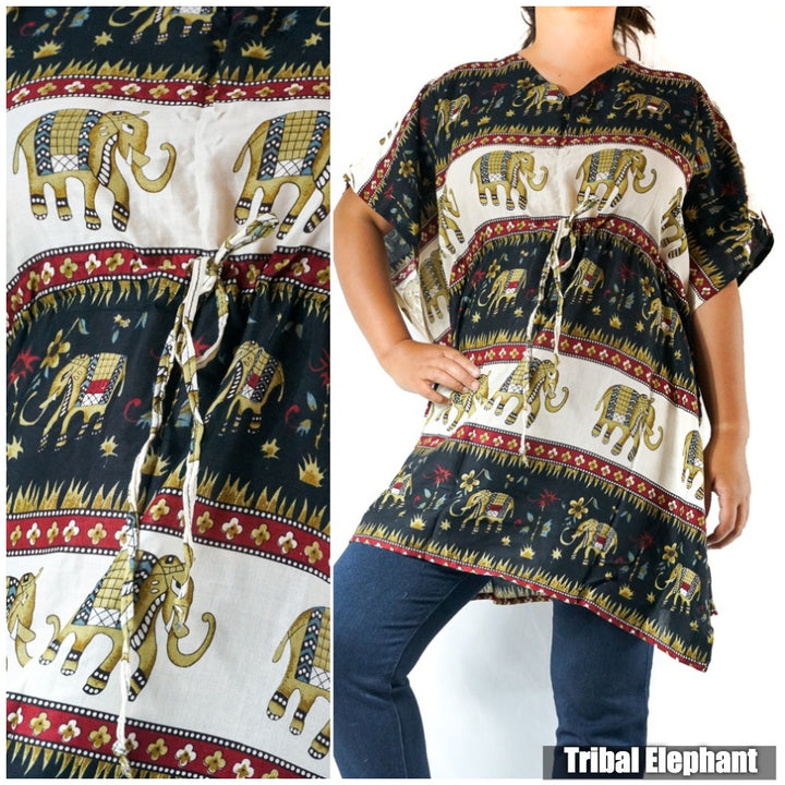 Boho Elephant Kaftan Shirt Short Dress - Bagzio