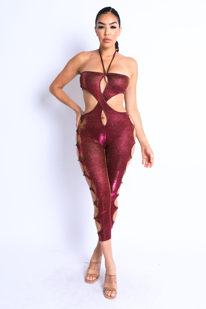 Glittery Cutout Halter Neck Keyhole Sexy Party Jumpsuit FUCHSIA/GOLD - Bagzio