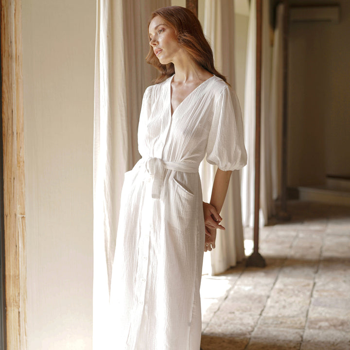 Meghan Crinkle Midi Dress, in Off-White - Bagzio