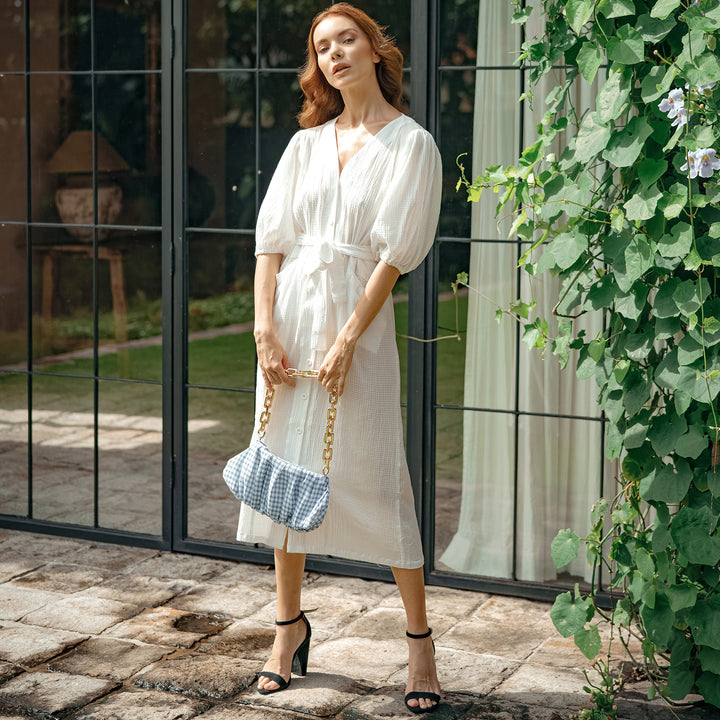 Meghan Crinkle Midi Dress, in Off-White - Bagzio