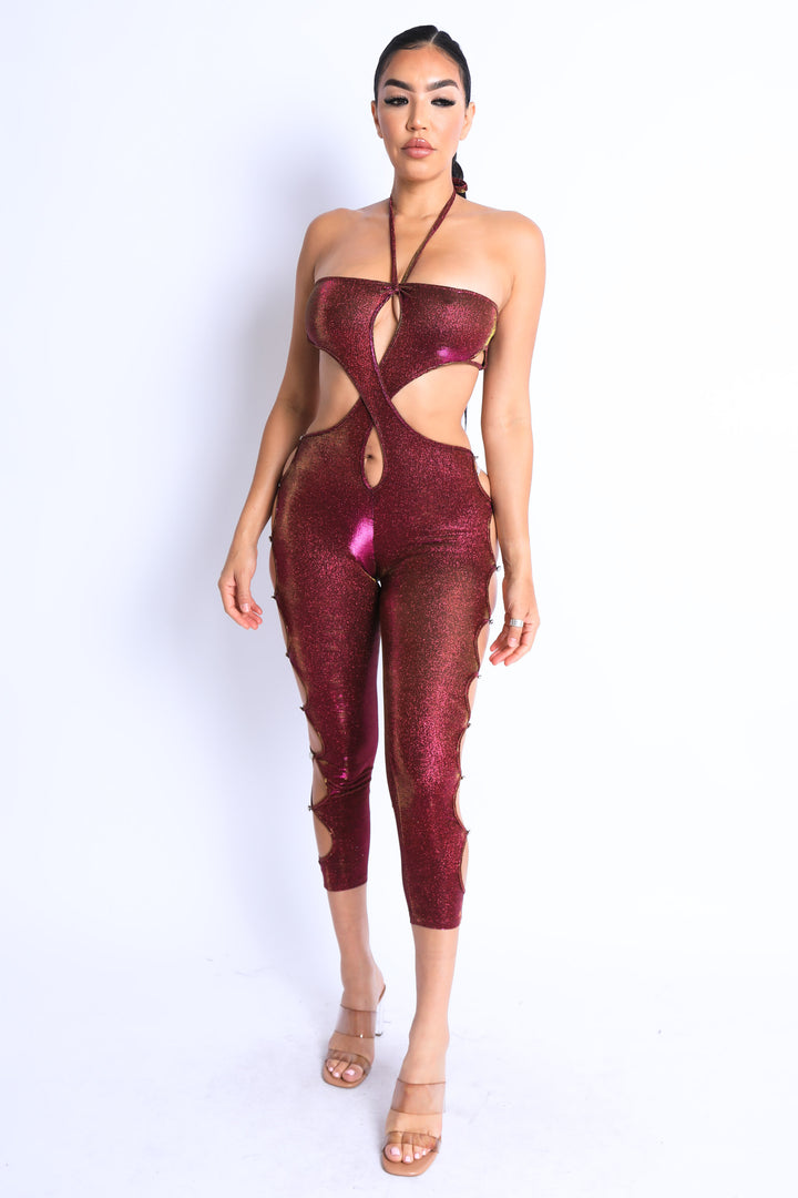 Glittery Cutout Halter Neck Keyhole Sexy Party Jumpsuit FUCHSIA/GOLD - Bagzio