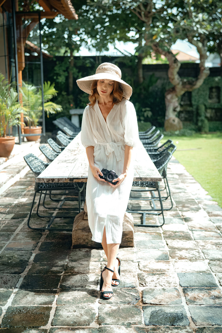 Meghan Crinkle Midi Dress, in Off-White - Bagzio