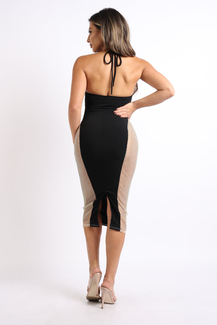 Sexy Cut Out Rhinestone Fishnet Contrast Clubwear Party Dress BLACK - Bagzio