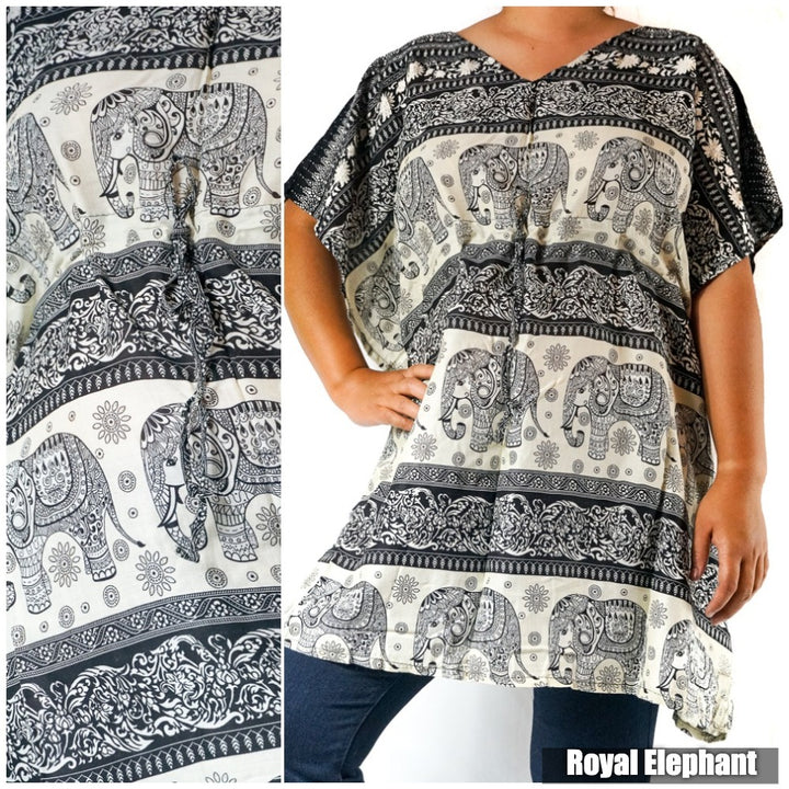 Boho Elephant Kaftan Shirt Short Dress - Bagzio
