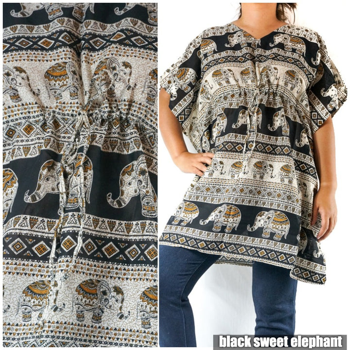 Boho Elephant Kaftan Shirt Short Dress - Bagzio