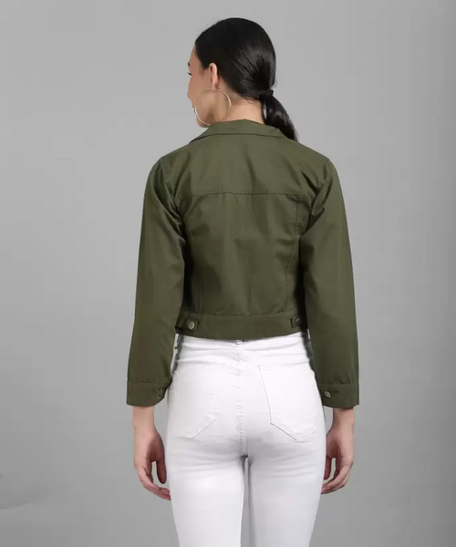 Women Solid Light Weight Casual Short Jacket (Color Dark Green) - Bagzio