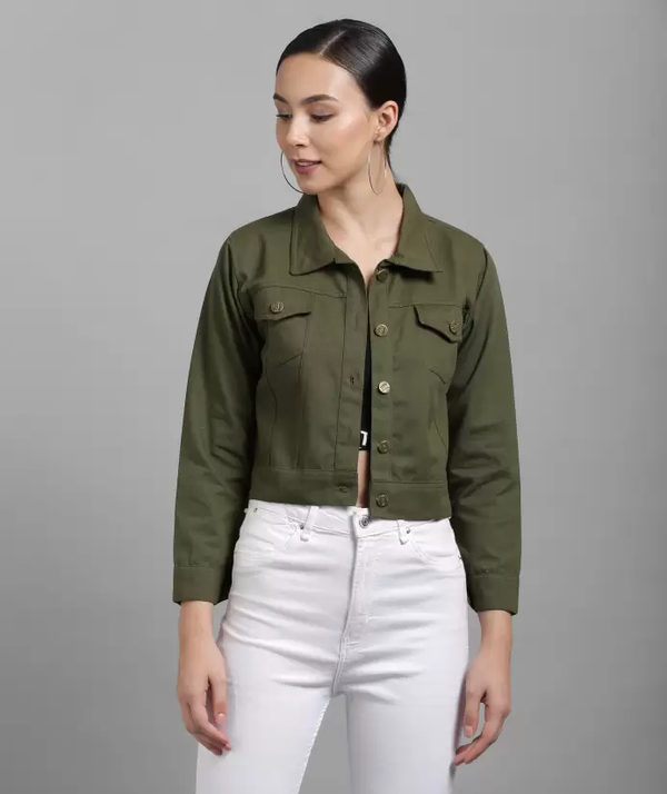 Women Solid Light Weight Casual Short Jacket (Color Dark Green) - Bagzio