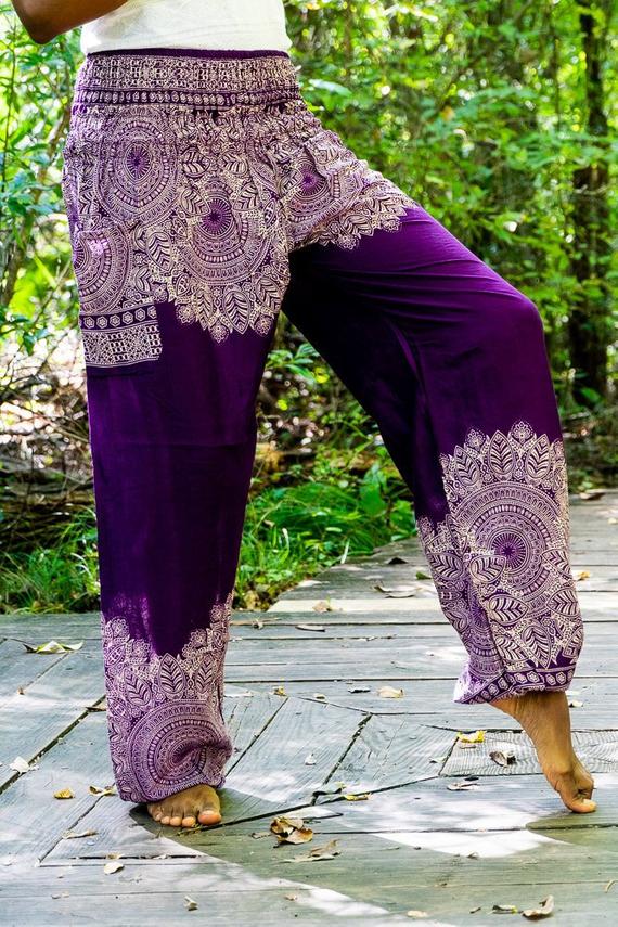 Purple FLORAL Women Boho Pants Hippie Pants Yoga Pants - Bagzio